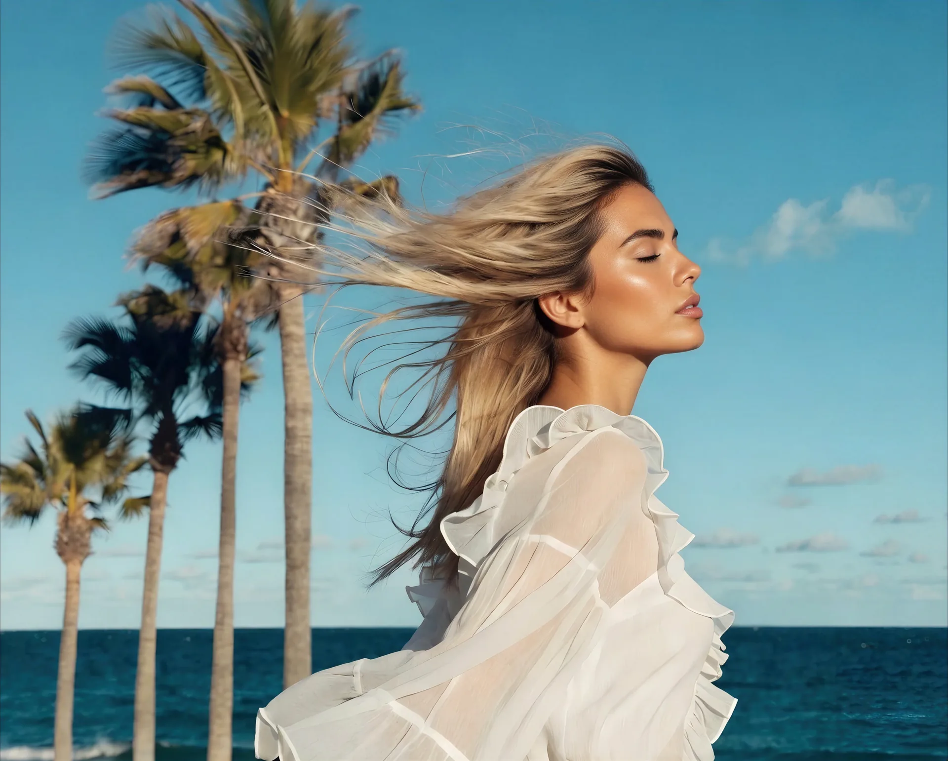 Blonde model with flowing beach waves by the ocean